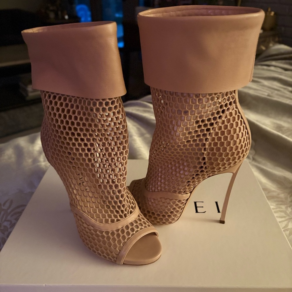 Casadei Tan Mesh Peep-Toe Heels